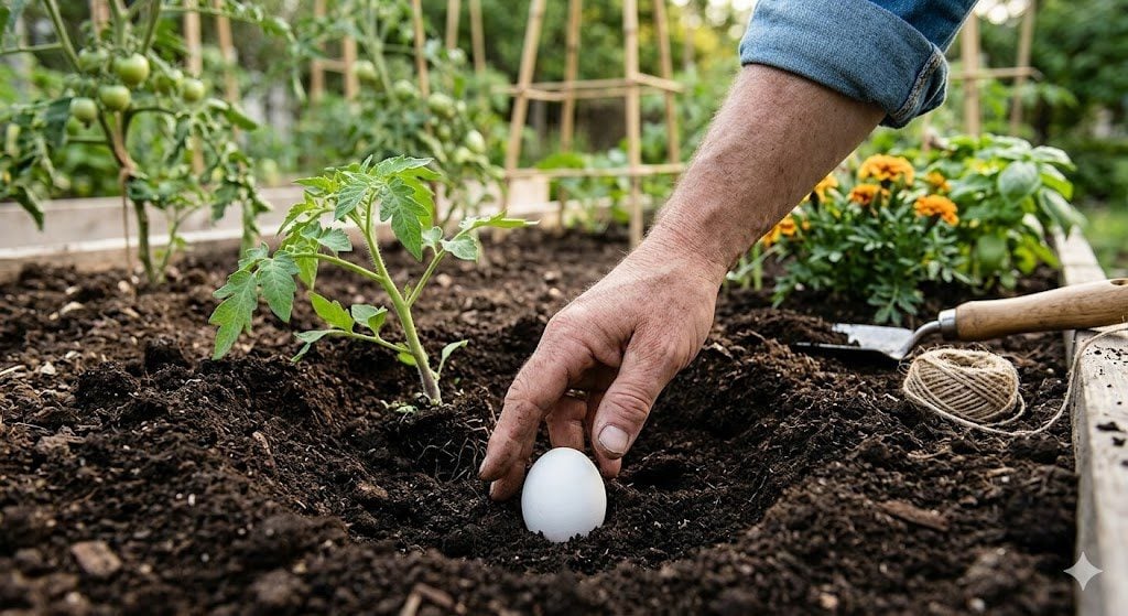Planting tomatoes with eggs