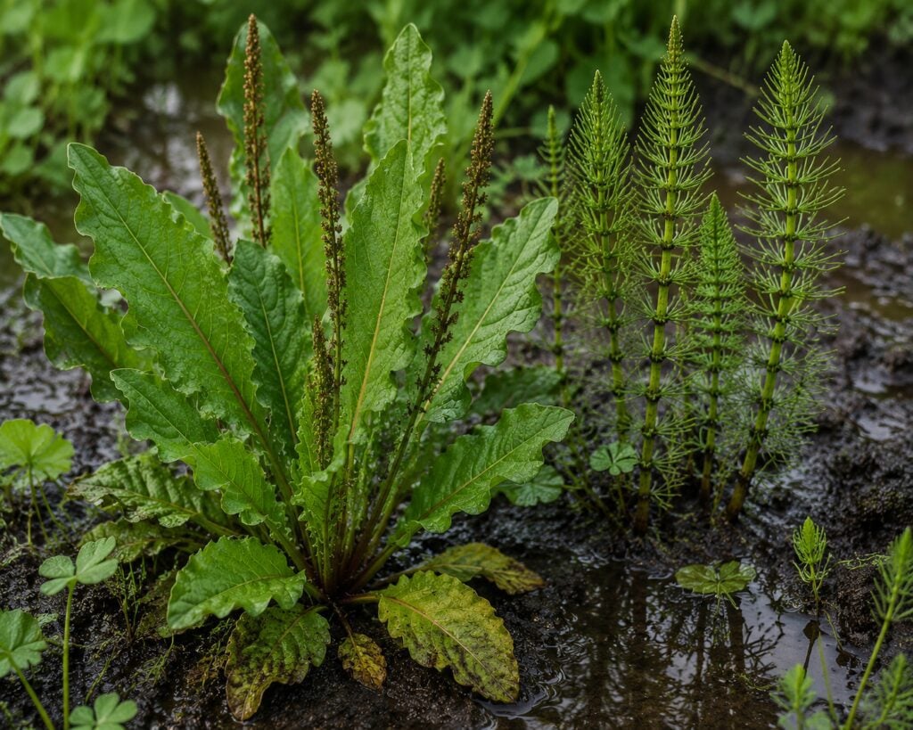 Curly Dock and Horsetail: Signs of wet and acidic soil