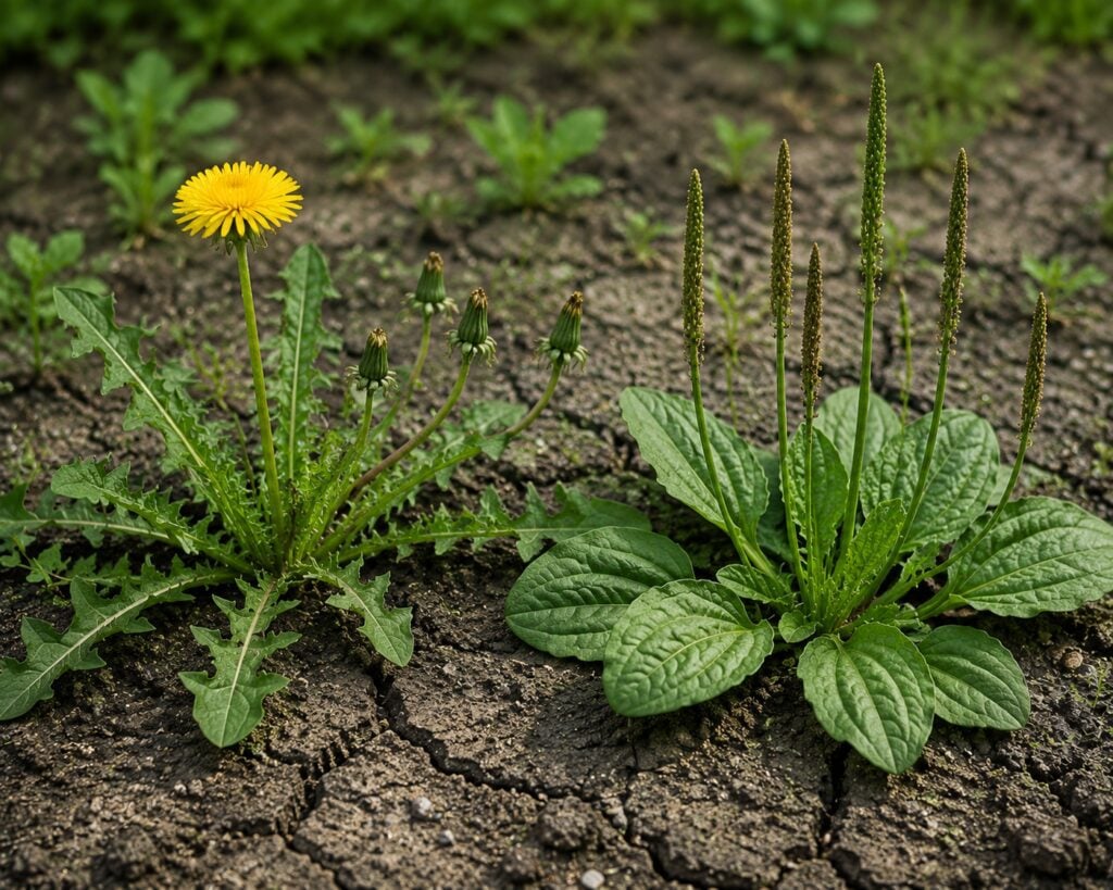 Dandelion and Broadleaf Plantain: Signs of compacted and low calcium soil