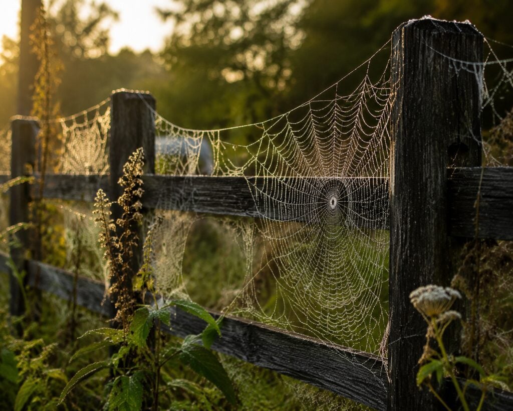 Spider Webs on the Fence
