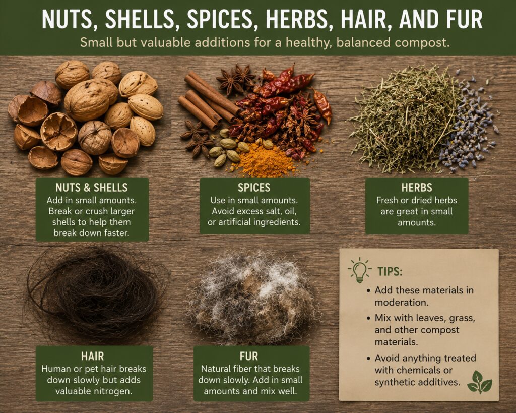 Nuts, Shells, Spices, Herbs, Hair, and Fur